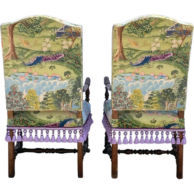 French Pair 18th Century French Louis XIV Zoffany Upholstered Walnut Open Armchairs (Fauteuils) For Sale - Image 3 of 7