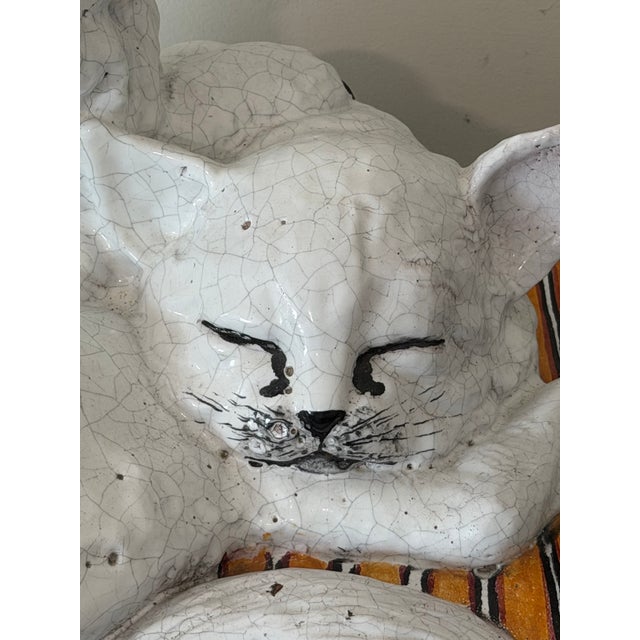 Hollywood Regency Monumental Italian Majolica Terracotta Mother Cat & Sleeping Kitten Sculpture on Striped Cushion, 22 Inches Wide For Sale - Image 3 of 12