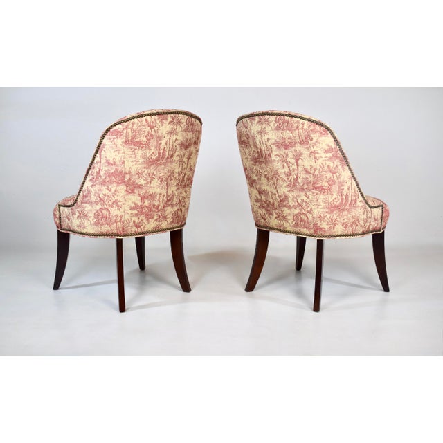 2010s Modern Slipper Chairs in French Country Toile Upholstery For Sale - Image 5 of 9
