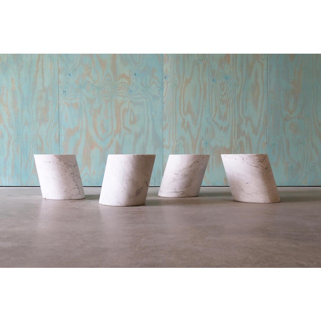 4 Lucia Mercer End Tables for Knoll, circa 1982 in white granite with gray veining. Incised designer's initials to...