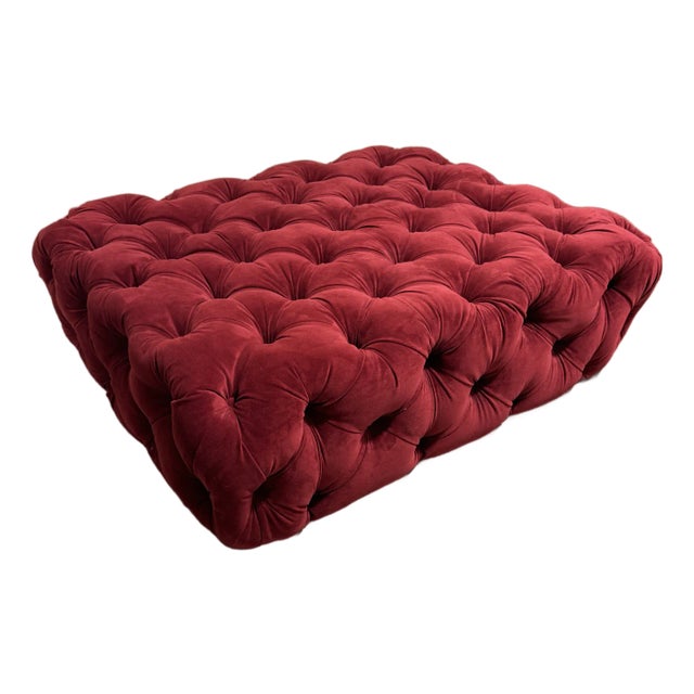 Mr Brown London Smoking Room Oxblood Velvet Tufted Ottoman For Sale