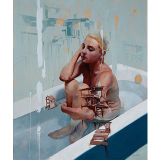Bather by Ryan Morse | Oil on panel of a woman sitting in a bathtub with abstract structures. For Sale