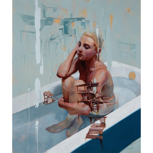Bather by Ryan Morse | Oil on panel of a woman sitting in a bathtub with abstract structures. For Sale