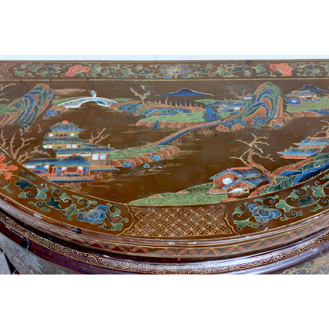 Paint Antique 19th Century Chinese Brown Lacquer Demi-Lune Console Table | Hand-Painted Gilt Decor For Sale - Image 7 of 17