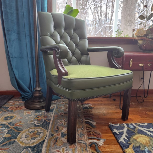 Mid 20th Century MCM Library Chair Moss Green Leather Blend/Woven Fabric With Button Tuft & Nailtacks, Swirled Arms, Dark Wood, Executives For Sale - Image 4 of 13
