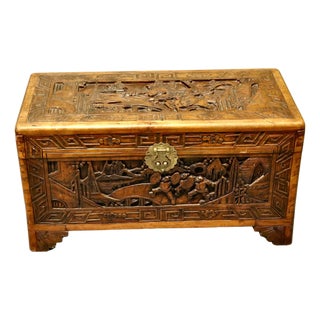Small Carved Camphor Wood Chest, 1920 For Sale