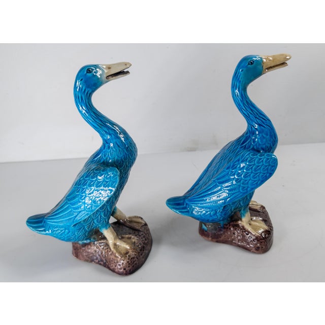 Ceramic 20th Century Pair of Chinese Turquoise Blue Glazed Chinoiserie Ducks or Geese For Sale - Image 7 of 13