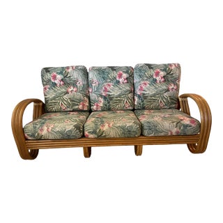 1970s Vintage Paul Frankl Style Rattan 3/4 Pretzel Sofa For Sale