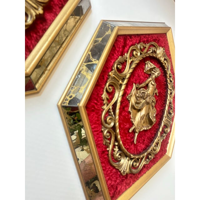Stunning vintage Victorian-style courting couple wall plaques featuring raised 3D resin figurines displayed against rich...