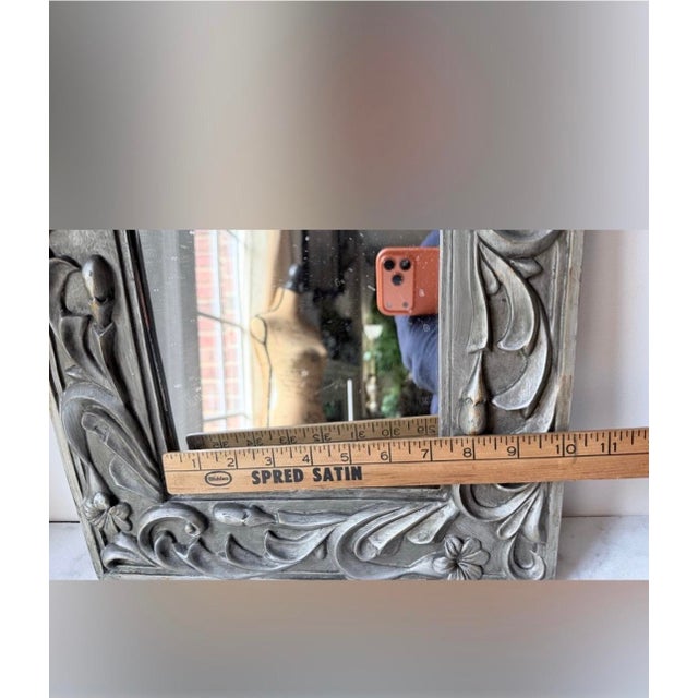 Decorative Floral Carved Square Wall Mirror - Silver Gray For Sale In Greensboro - Image 6 of 8
