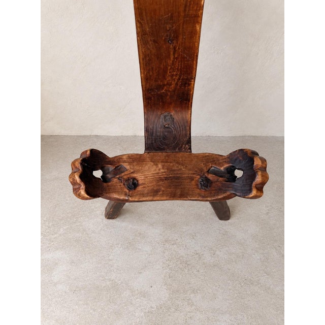 Chestnut Vintage European Primitive Three-Legged Hardwood Birthing Chair With Trefoil Cutouts For Sale - Image 8 of 8