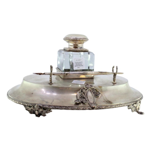 Silver and Glass Inkwell with Pen Holder, Monogram Plaque and Raised Feet For Sale
