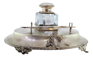 Silver and Glass Inkwell with Pen Holder, Monogram Plaque and Raised Feet
