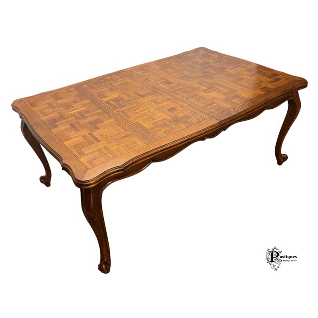 Brown Vintage Century French Country Style Oak Parquet Extension Dining Table For Sale - Image 8 of 12