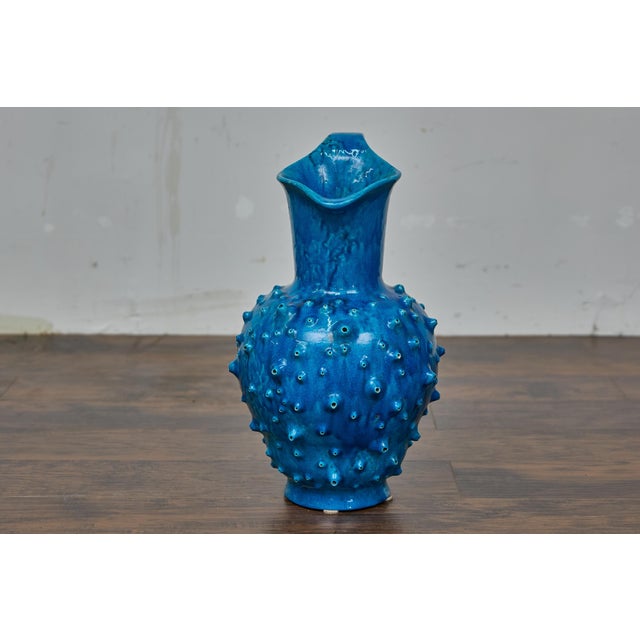 Mid-Century Modern Midcentury Modern 1950s French Vallauris Blue Pottery Pitcher with Spiked Design For Sale - Image 3 of 7