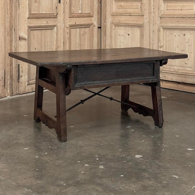 Rare 17th Century Rustic Spanish Walnut Coffee Table With Wrought Iron For Sale - Image 16 of 18