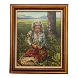 Oil Painting Portrait of an Asian Girl in a Field | Signed and Framed