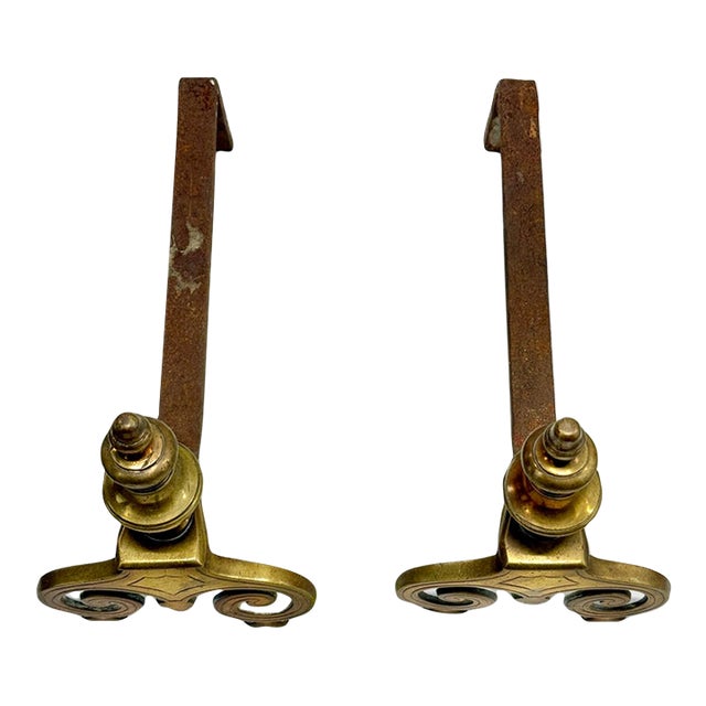 Antique 17th Century Brass Fireplace Andirons - Pair For Sale