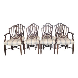 Mid 20th Century Set of 8 Mahogany Federal Style Shield Back Dining Chairs Silk Prussian Blue Fabric For Sale