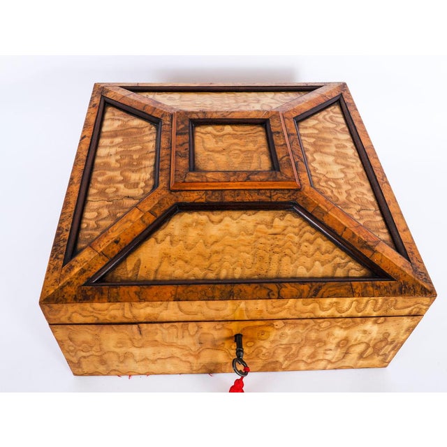 This is a beautiful large antique Victorian maple wood and burr walnut table casket, circa 1850 in date. The square casket...