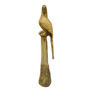 Large 46" Vintage Mid Century Carved Wood Perched Parrot Bird Statue Sculpture For Sale