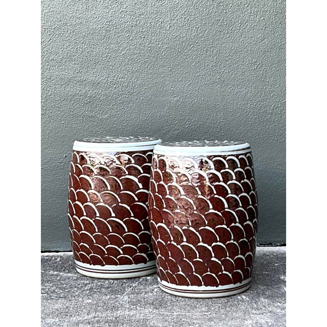 Mid-Century Modern Vintage Boho Scales Glazed Ceramic Low Stools - A Pair For Sale - Image 3 of 8