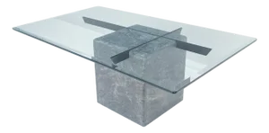 Grey Italian Marble Cube Shape Base 30x50 Rectangle Glass Top Coffee Table CLEAN