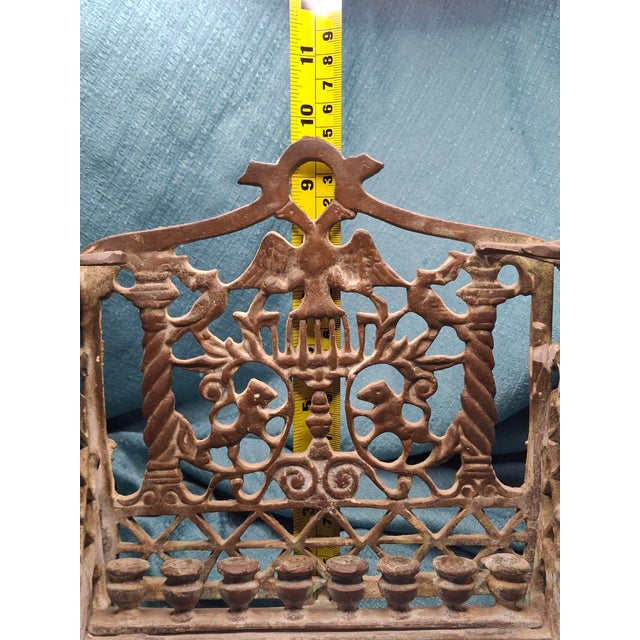 Religious Antique Early 19thC Polish Brass Bench Menorah Lions Eagle Hanukkah Lamp Rare For Sale - Image 3 of 18