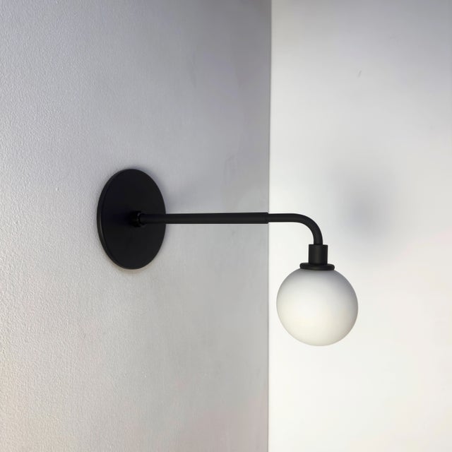 Mid-Century Modern Pair of Long Bent Arm Sconces by Research.Lighting, Black, Glass, Mid Century Modern For Sale - Image 3 of 13