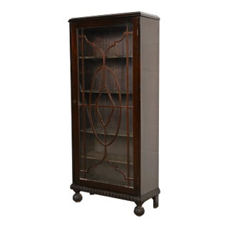 R. J. Horner Style Antique American Empire Carved Mahogany Glass Front Bookcase Cabinet, Circa 1890s For Sale