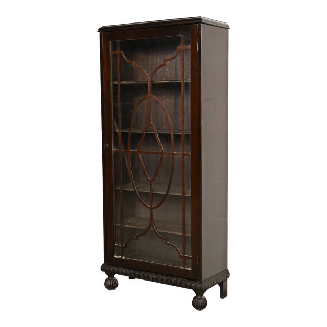 R. J. Horner Style Antique American Empire Carved Mahogany Glass Front Bookcase Cabinet, Circa 1890s For Sale