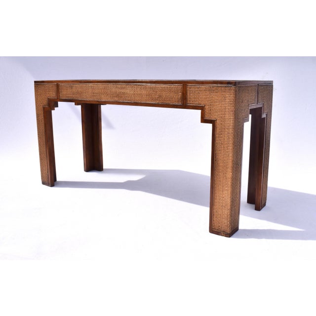 Milo Baughman 1970s Mid Century Modern Grasscloth Parsons Console Table For Sale - Image 4 of 11
