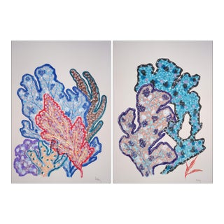 Botanical Marine, Large Blue Wall Art, Coral Bouquets, Gouache Crayon on Watercolor Paper by Romina Milano - Set of 2 For Sale