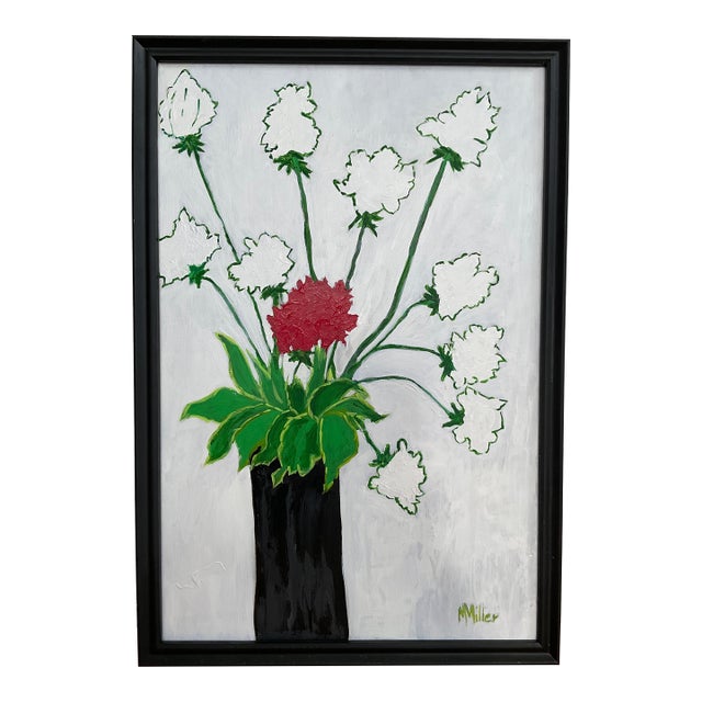 White Flowers in Black Vase Original Painting For Sale