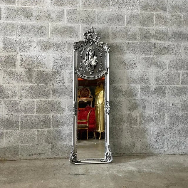 Vintage Baroque Silver Leaf French Floor Mirror with Woman's Face