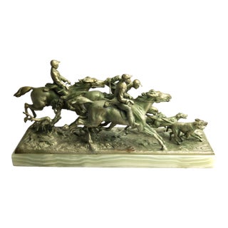 Continental Gilt Metal Equestrian Hunt Group, Circa 1900 — Riders, Horses & Hounds on Green Onyx Base For Sale
