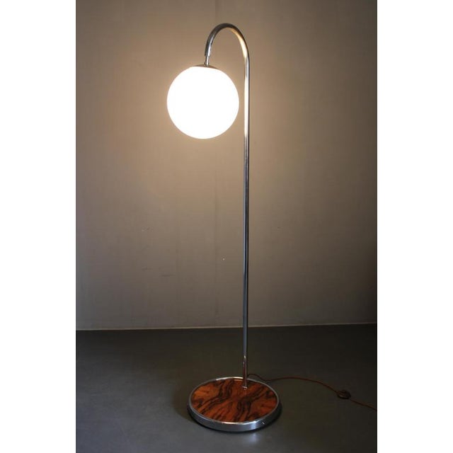 Art Deco Chrome Floor Lamp with Milk Glass Globe and Walnut Base, Former Czechoslovakia, 1930s For Sale - Image 12 of 13