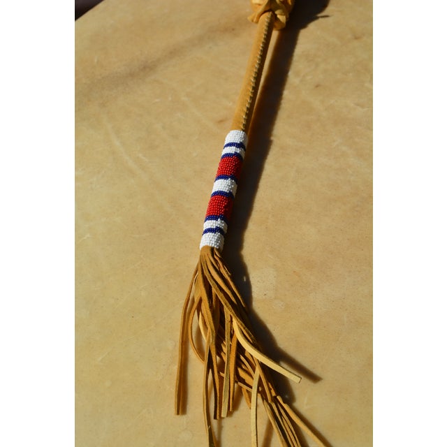 Light Yellow Set of 2, 1970s Native American Style Pow Pow Taos Pueblo Rawhide / Skin & Wood Large Round Drum & Mallet For Sale - Image 8 of 15