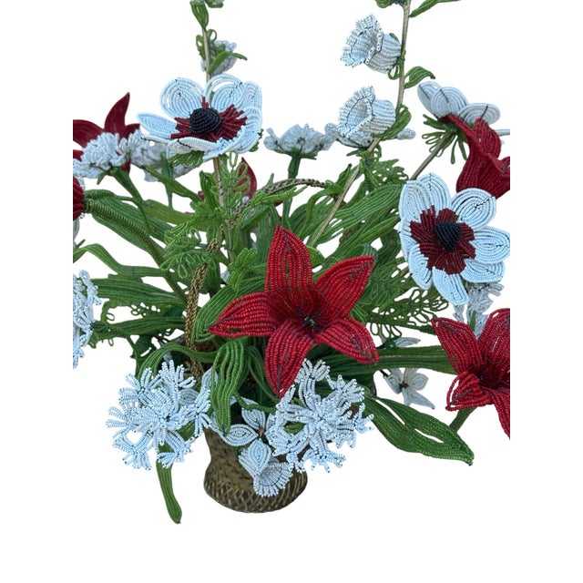 French Vintage French Imortelle Glass Beaded Memorial Basket Bouquet For Sale - Image 3 of 12