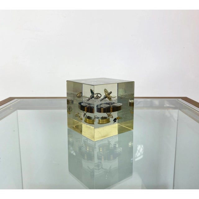 Acrylic Paperweight Cube Sculpture With Clock Parts by Pierre Giraudon, 1970s For Sale - Image 3 of 13