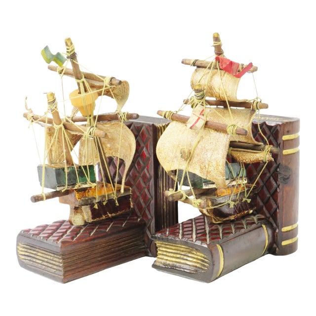 Vintage Tall Ship Bookends, a Pair For Sale