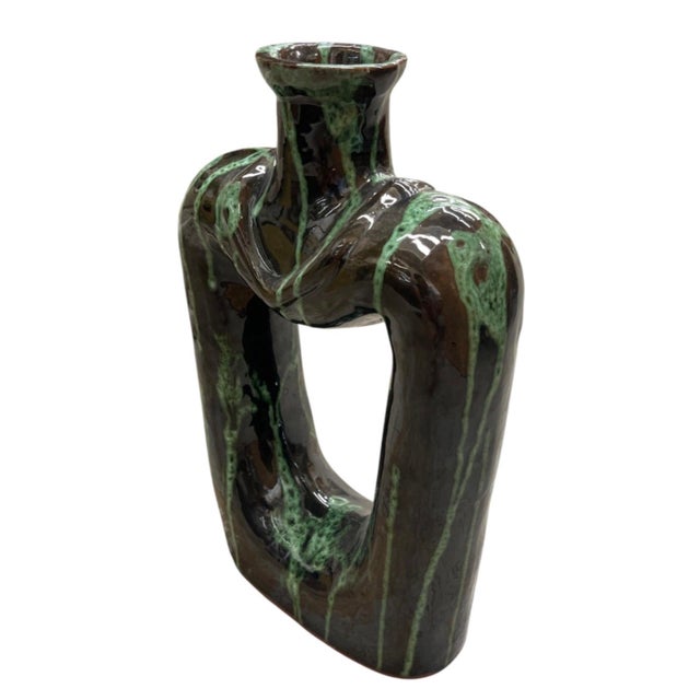 Vintage Mid-Century Modern Sculptural Drip Glaze Vase – Dark Brown & Emerald Green Cutout Vessel For Sale - Image 4 of 12