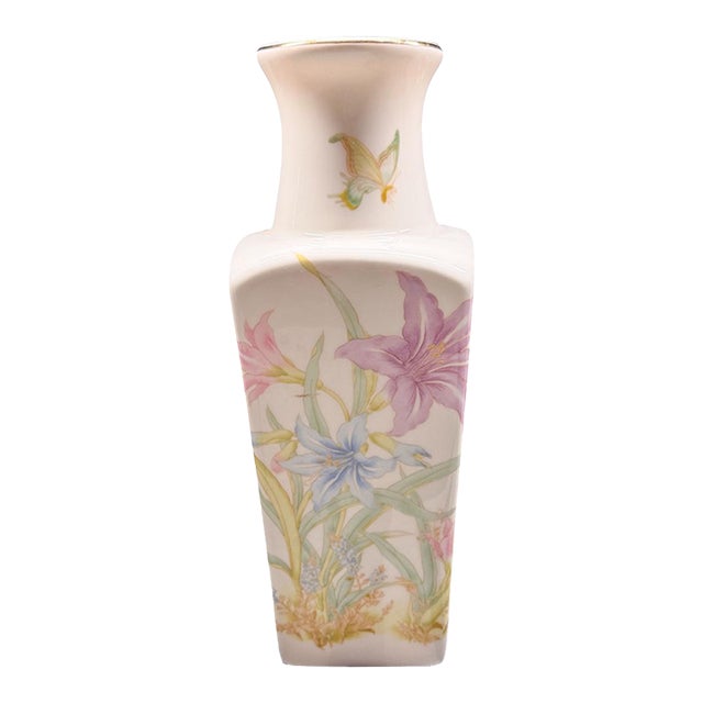 Vintage Japanese Mino Ware Porcelain Floral Vase With Lilies For Sale