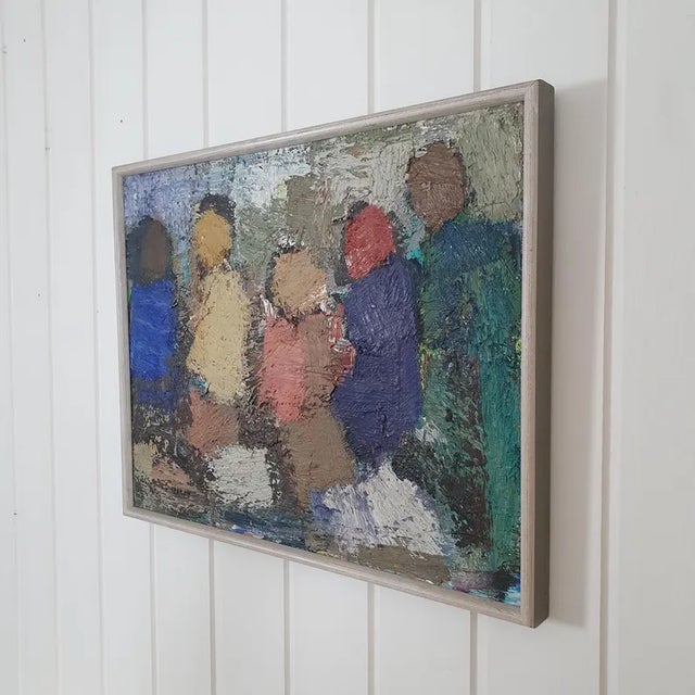 An original Swedish mid century oil painting on canvas by Gösta Falck (1920-2006), titled "Gruppen" (The Group). Built...