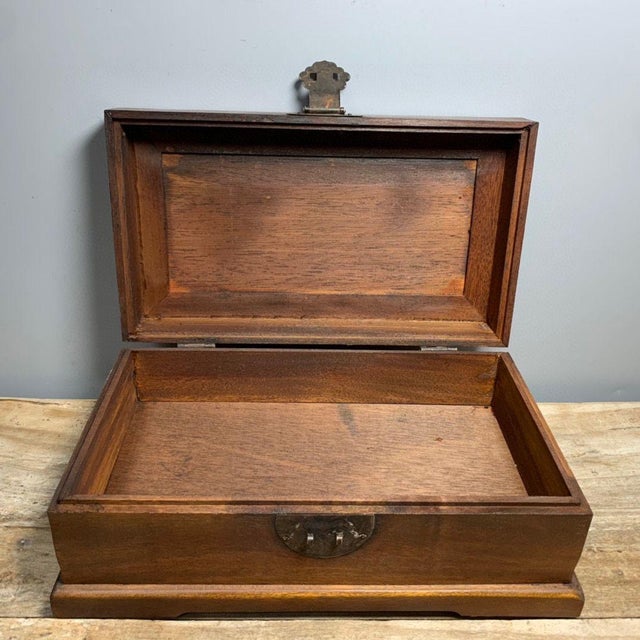 Vintage Chinese Pear Wood Jewelry Box, Mother of Pearl Inlay Landscape & Figure Scene, Chinoiserie Storage Chest For Sale - Image 9 of 9