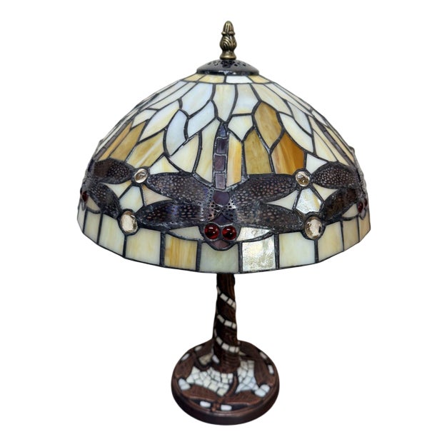 Yellow Mosaic Lamp with Dragonfly Motif in the style of Tiffany For Sale
