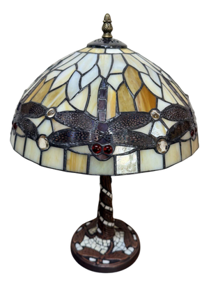 Yellow Mosaic Lamp with Dragonfly Motif in the style of Tiffany