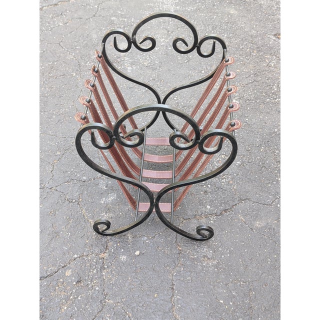 Metal Vintage Iron & Leather Magazine Rack 16" Tall Rustic Book Holder For Sale - Image 7 of 8
