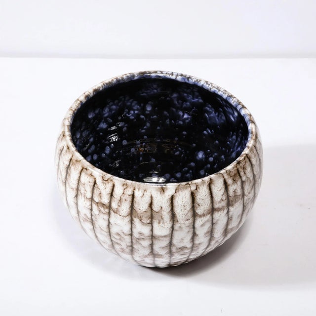 Ceramic Mid-Century Modernist White & Earth Toned Ceramic Bowl With Vertical Banding For Sale - Image 7 of 11