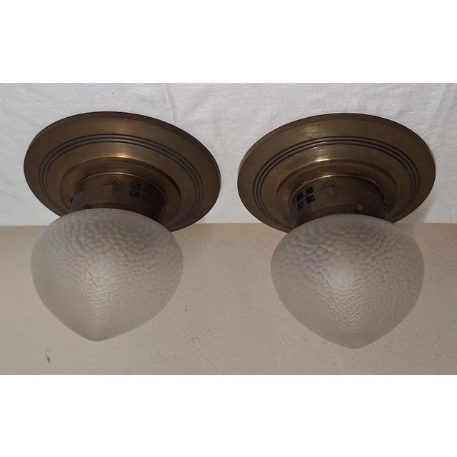 Antique German Art Nouveau Ceiling Lamps with Elaborate Brass Mounting and Original Frosted Relief Glass Shade, 1890s, Set of 2 For Sale - Image 4 of 8